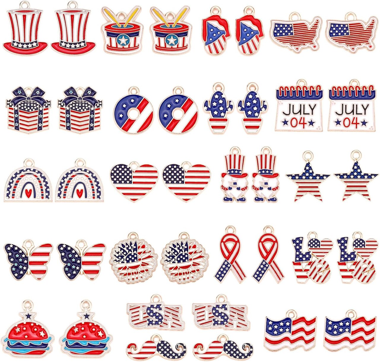 40Pcs/20 Pairs Patriotic Charms, 4th of July Enamel Charms for Jewelry Making, Red White Blue American Flag Independence Day Pendants for Bracelet Necklace Earrings Making